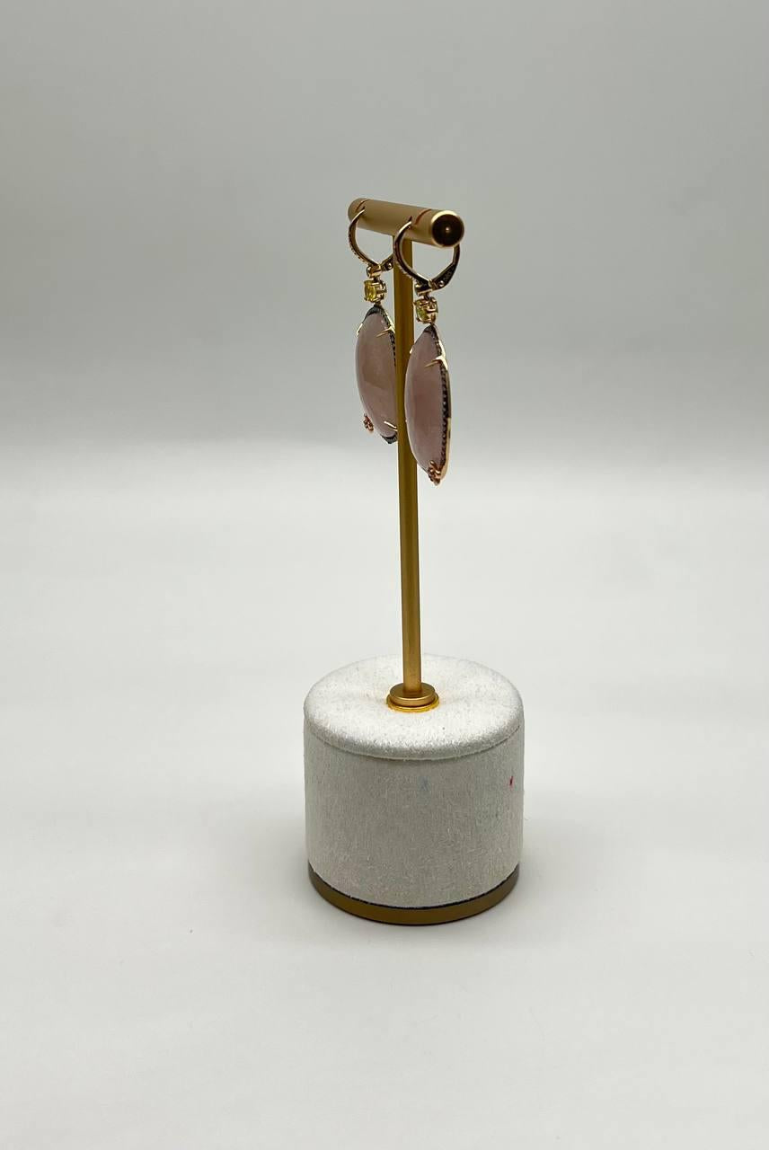 Faceted Cabochon Peach Rose Quartz Diamond Halo 14K Yellow Gold Drop Earrings