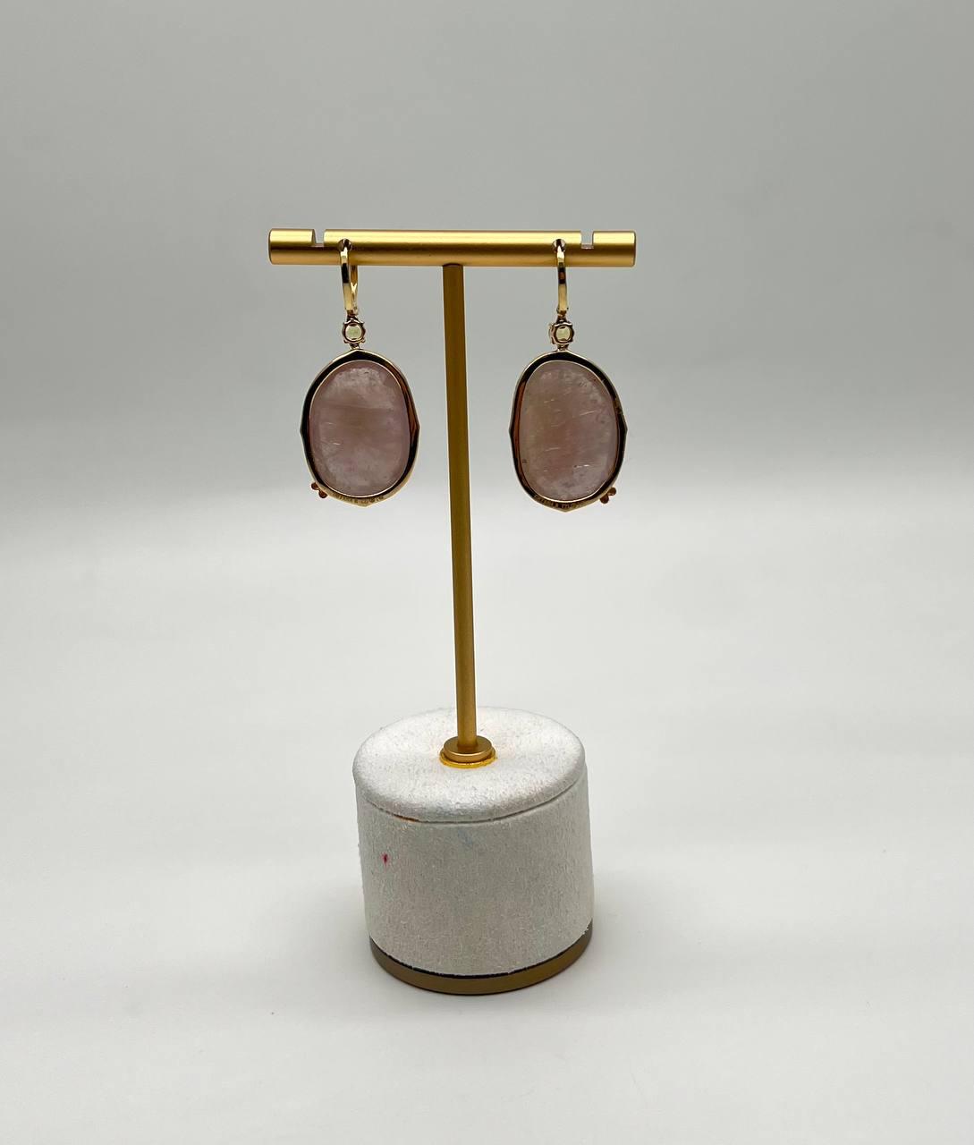 faceted cabochon peach rose quartz diamond halo 14k yellow gold drop earrings