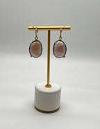 Faceted Cabochon Peach Rose Quartz Diamond Halo 14K Yellow Gold Drop Earrings
