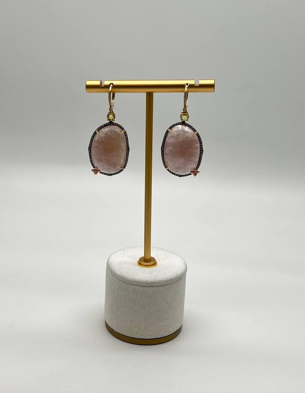 Faceted Cabochon Peach Rose Quartz Diamond Halo 14K Yellow Gold Drop Earrings