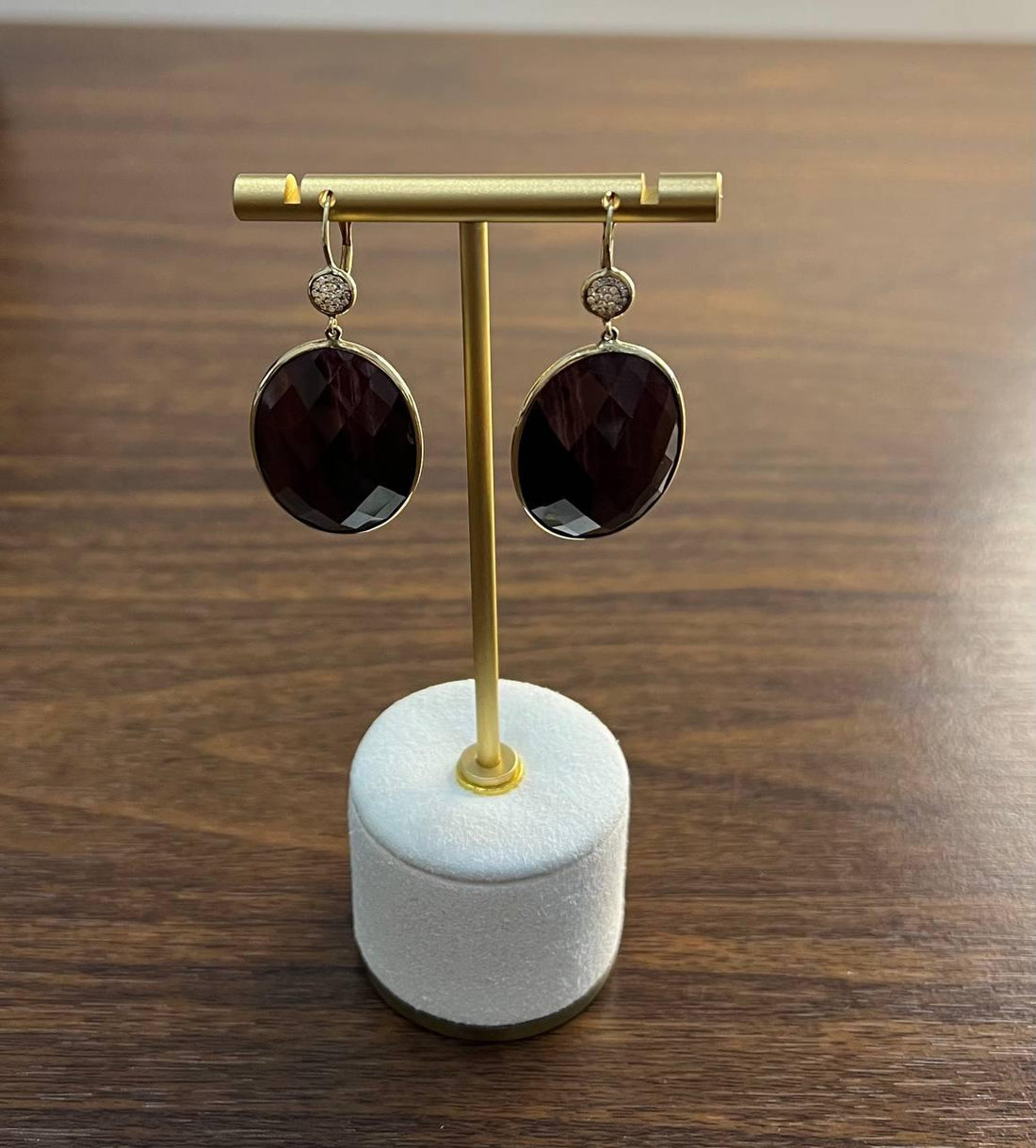 Oval Shape Faceted Brown Labradorite Diamond 14K Yellow Gold Drop Earrings