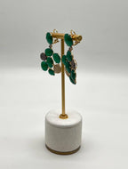 Dark Green Agate Brown Champagne Diamond Pave 14K Gold Statement Drop Earrings