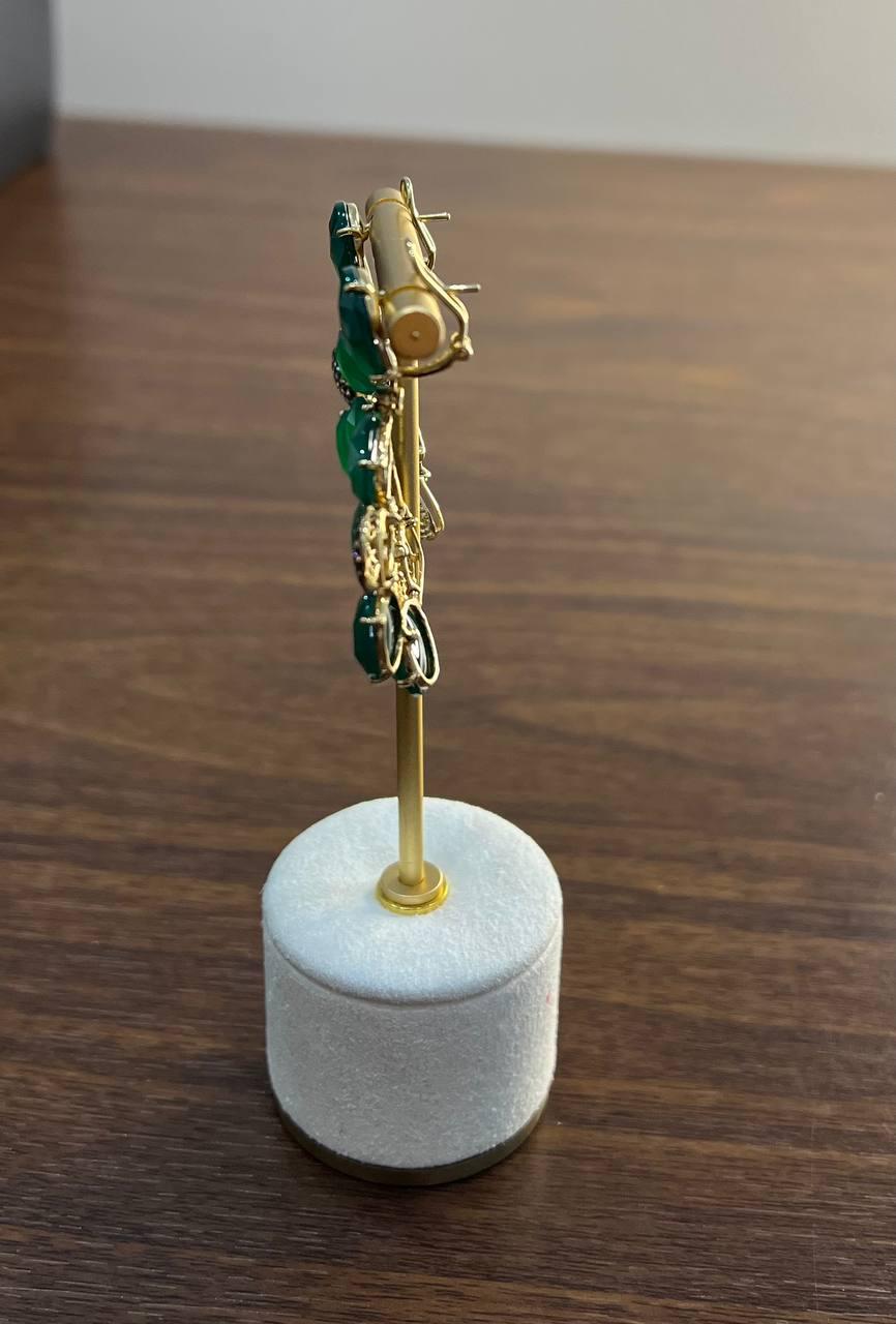 Dark Green Agate Brown Champagne Diamond Pave 14K Gold Statement Drop Earrings