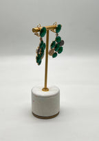 Dark Green Agate Brown Champagne Diamond Pave 14K Gold Statement Drop Earrings