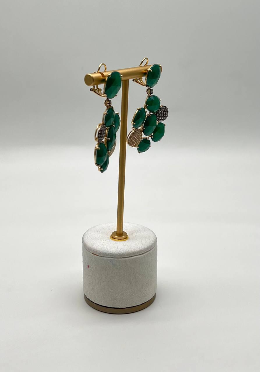 Dark Green Agate Brown Champagne Diamond Pave 14K Gold Statement Drop Earrings