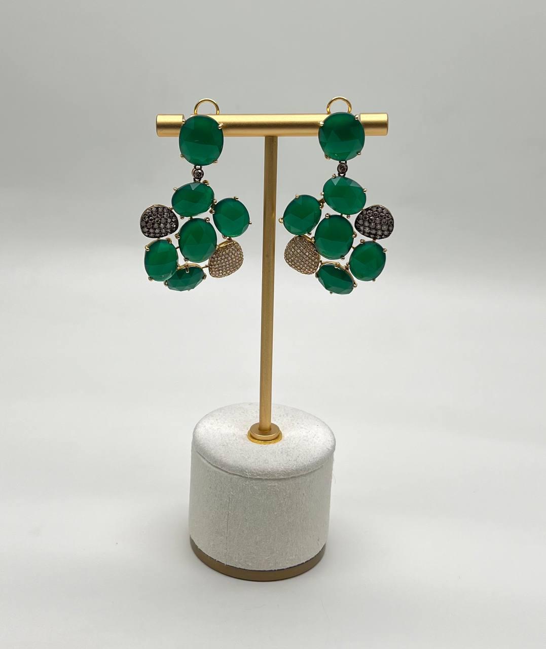 Dark Green Agate Brown Champagne Diamond Pave 14K Gold Statement Drop Earrings