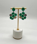 Dark Green Agate Brown Champagne Diamond Pave 14K Gold Statement Drop Earrings