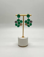 Dark Green Agate Brown Champagne Diamond Pave 14K Gold Statement Drop Earrings