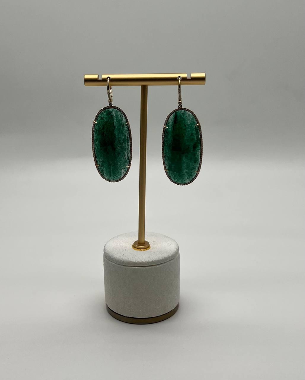 Oval Shape Green Aventurine Brown Diamond Halo 14K Yellow Gold Dangle Earrings