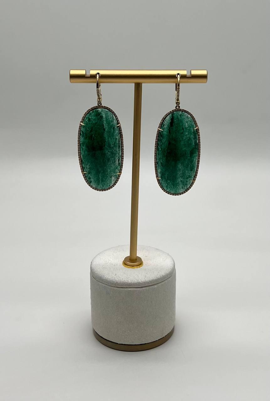 Oval Shape Green Aventurine Brown Diamond Halo 14K Yellow Gold Dangle Earrings