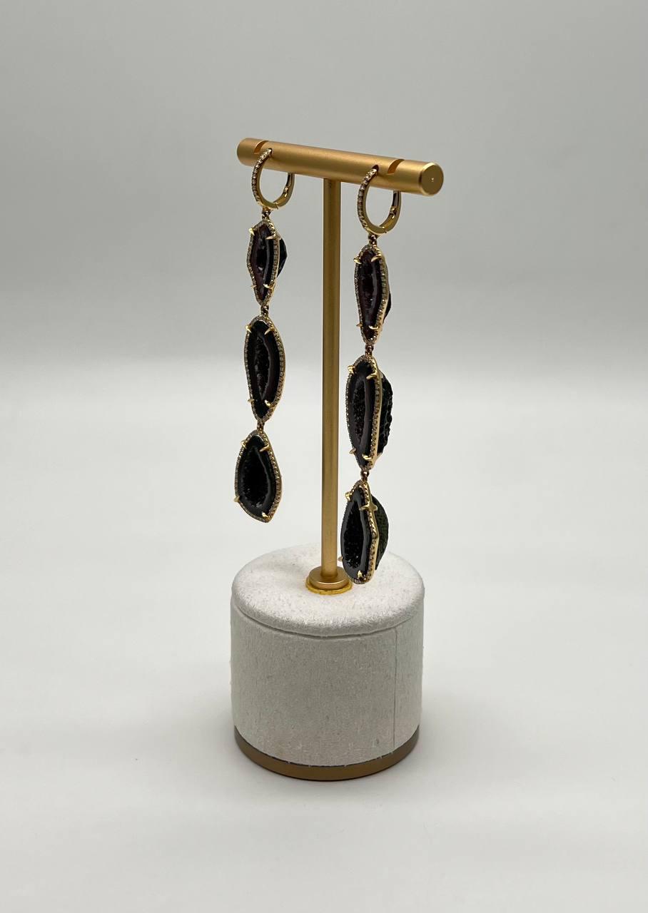 Free Shape Brown Black Druzy Quartz Crystal Diamonds 18K Yellow Gold Earrings