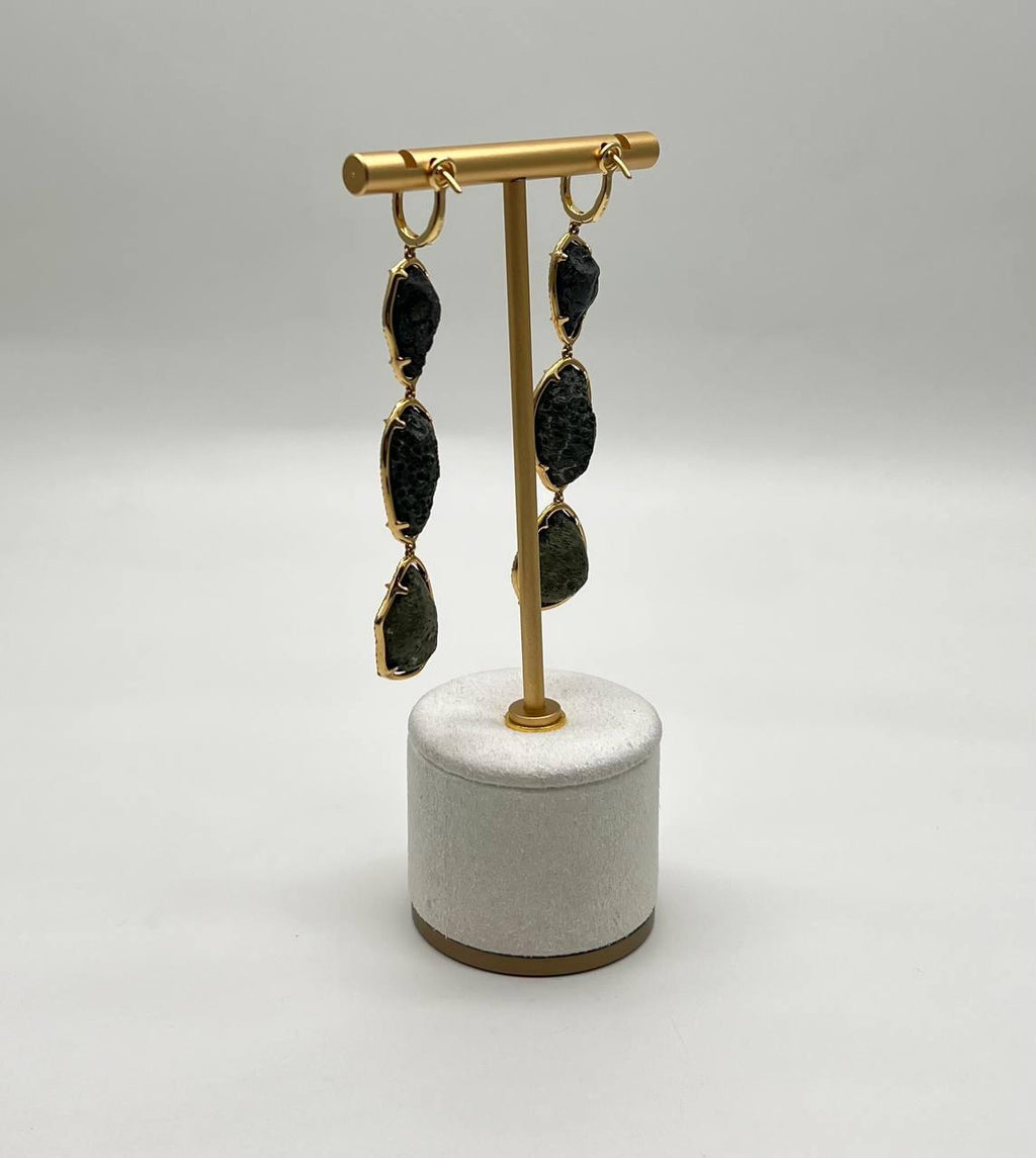 Free Shape Brown Black Druzy Quartz Crystal Diamonds 18K Yellow Gold Earrings