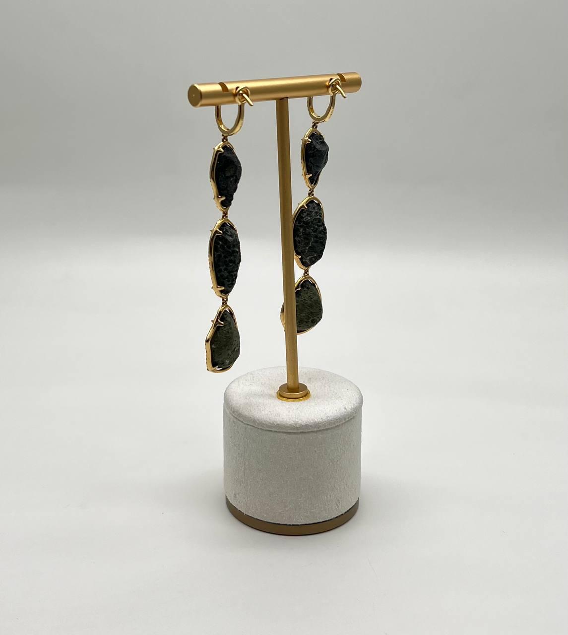 Free Shape Brown Black Druzy Quartz Crystal Diamonds 18K Yellow Gold Earrings