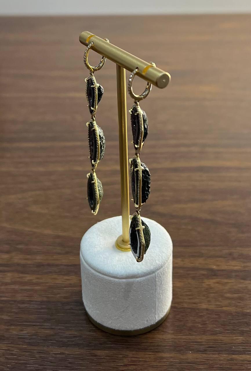 Free Shape Brown Black Druzy Quartz Crystal Diamonds 18K Yellow Gold Earrings