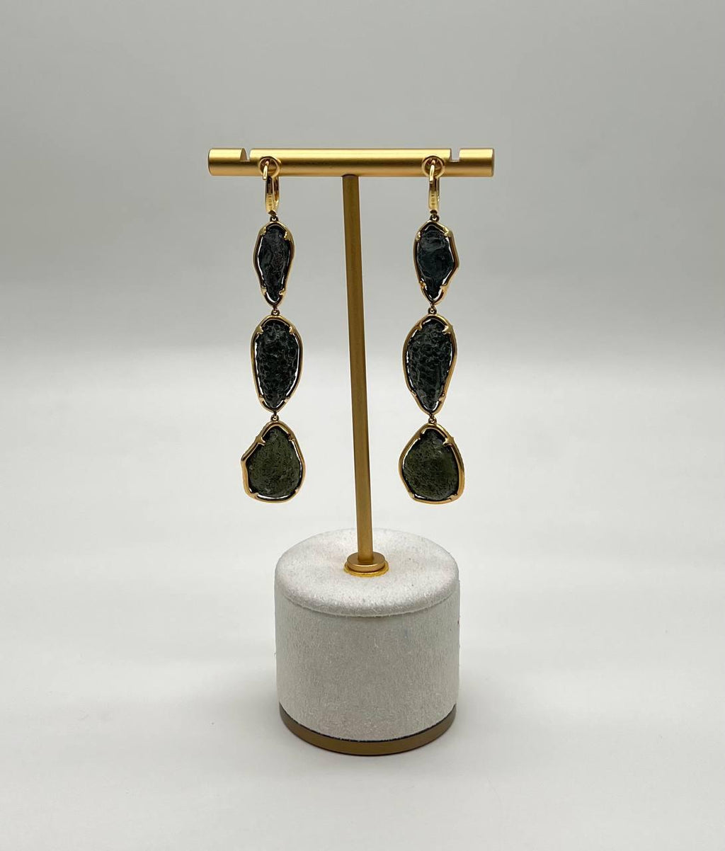 Free Shape Brown Black Druzy Quartz Crystal Diamonds 18K Yellow Gold Earrings