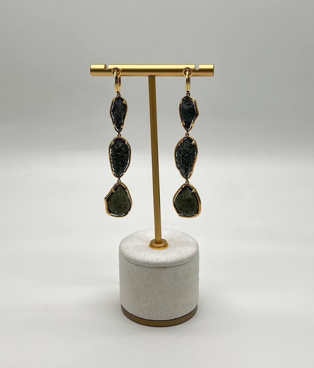 Free Shape Brown Black Druzy Quartz Crystal Diamonds 18K Yellow Gold Earrings