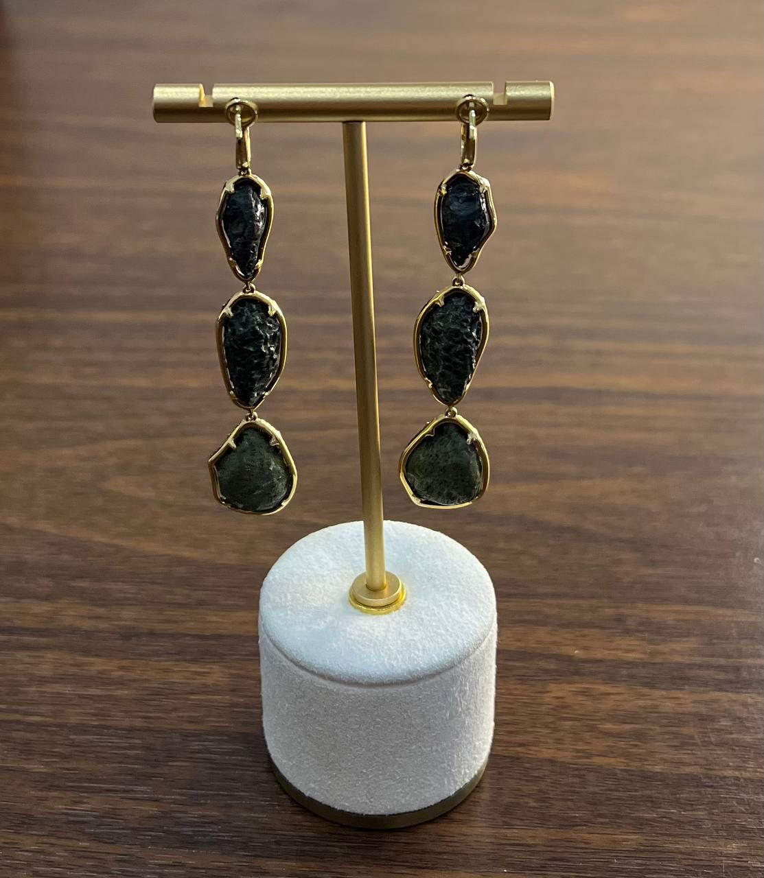Free Shape Brown Black Druzy Quartz Crystal Diamonds 18K Yellow Gold Earrings