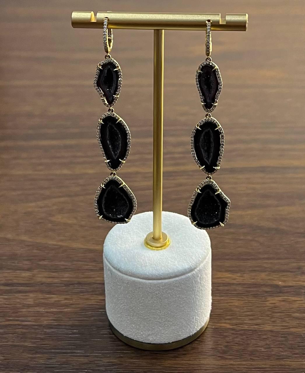 Free Shape Brown Black Druzy Quartz Crystal Diamonds 18K Yellow Gold Earrings