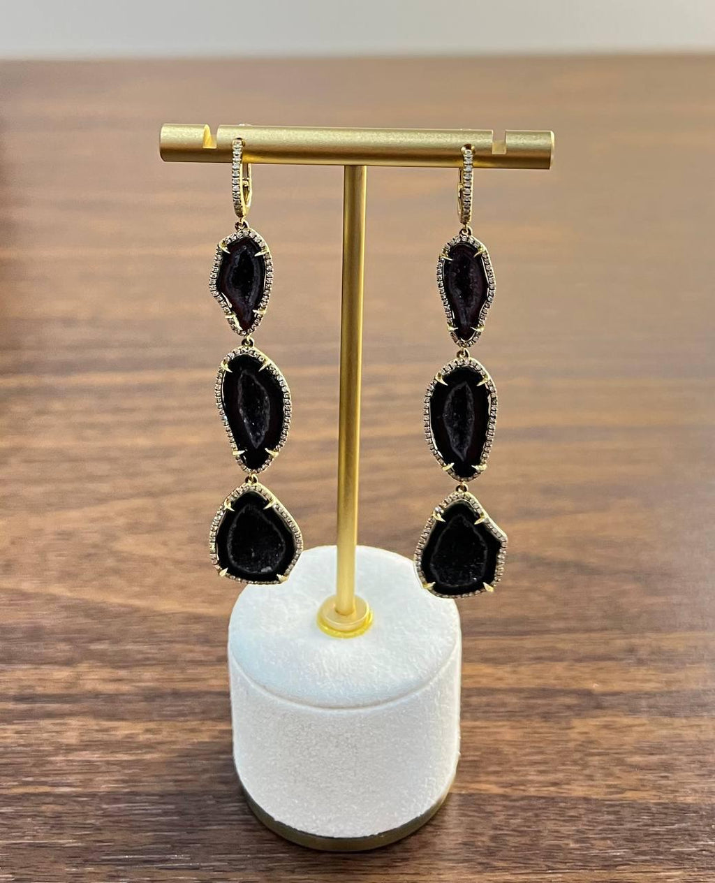 Free Shape Brown Black Druzy Quartz Crystal Diamonds 18K Yellow Gold Earrings