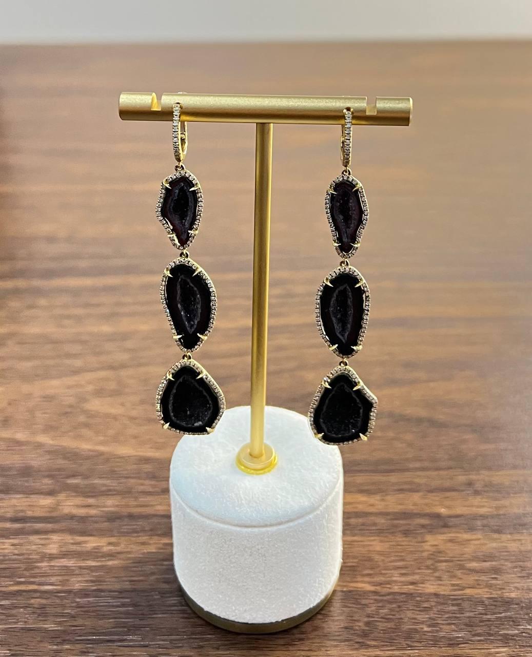 Free Shape Brown Black Druzy Quartz Crystal Diamonds 18K Yellow Gold Earrings