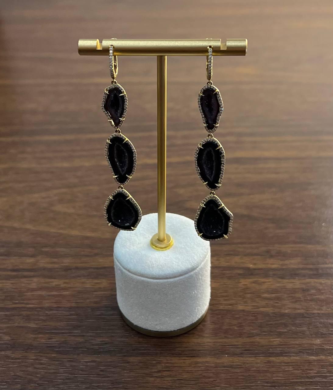Free Shape Brown Black Druzy Quartz Crystal Diamonds 18K Yellow Gold Earrings