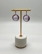 Violet Pink Amethyst Diamonds Halo Set 14K Yellow Gold Drop Unique Earrings