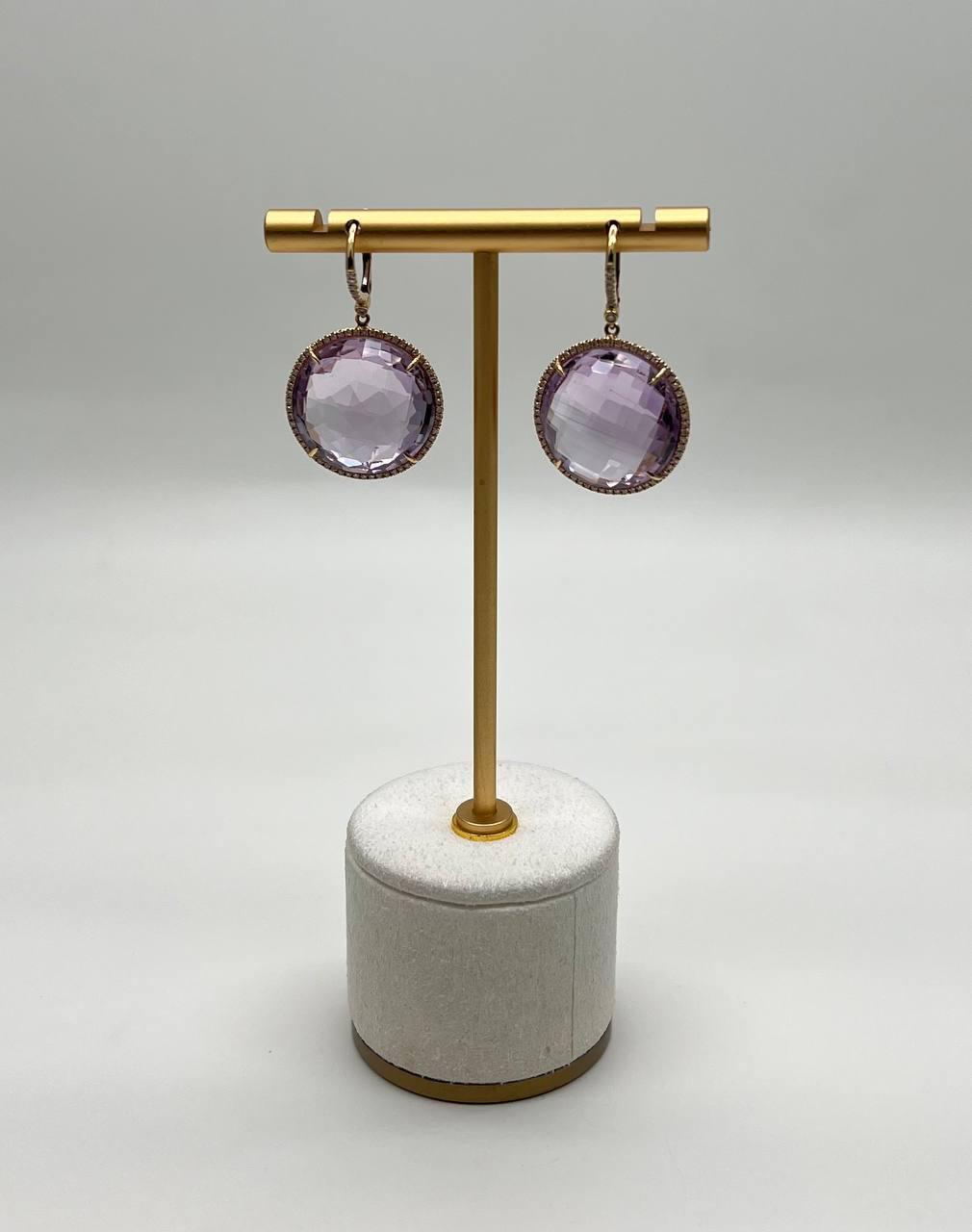 Violet Pink Amethyst Diamonds Halo Set 14K Yellow Gold Drop Unique Earrings