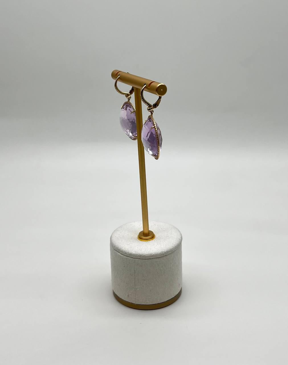 Violet Pink Amethyst Diamonds Halo Set 14K Yellow Gold Drop Unique Earrings