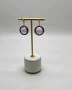 Violet Pink Amethyst Diamonds Halo Set 14K Yellow Gold Drop Unique Earrings