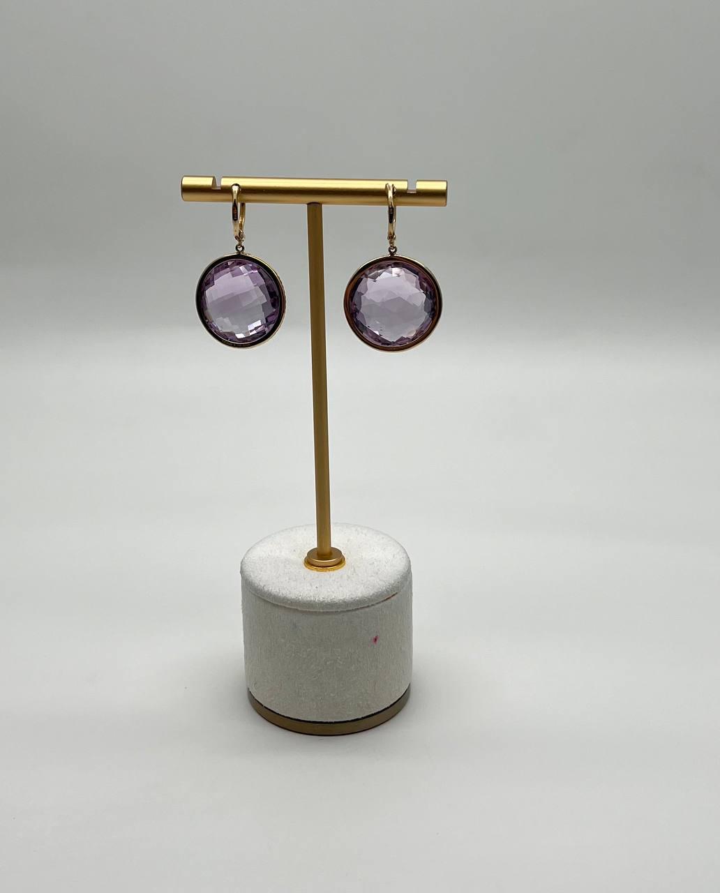 Violet Pink Amethyst Diamonds Halo Set 14K Yellow Gold Drop Unique Earrings