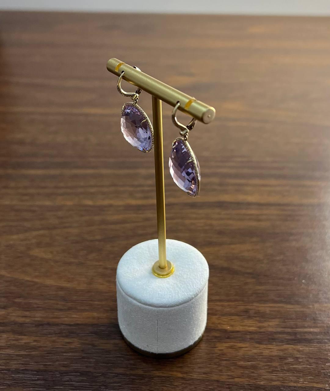 Violet Pink Amethyst Diamonds Halo Set 14K Yellow Gold Drop Unique Earrings