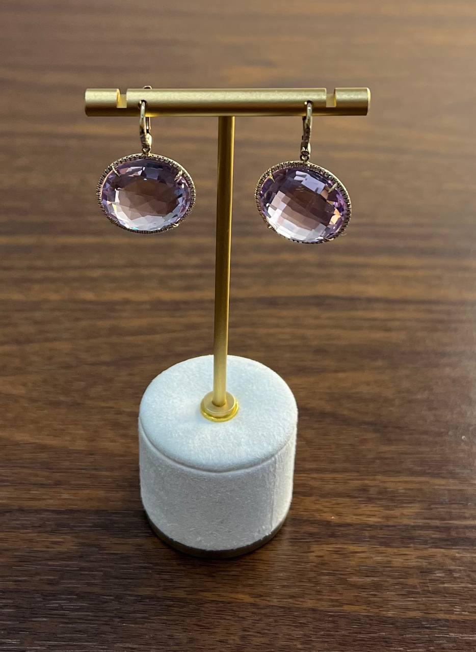 Violet Pink Amethyst Diamonds Halo Set 14K Yellow Gold Drop Unique Earrings