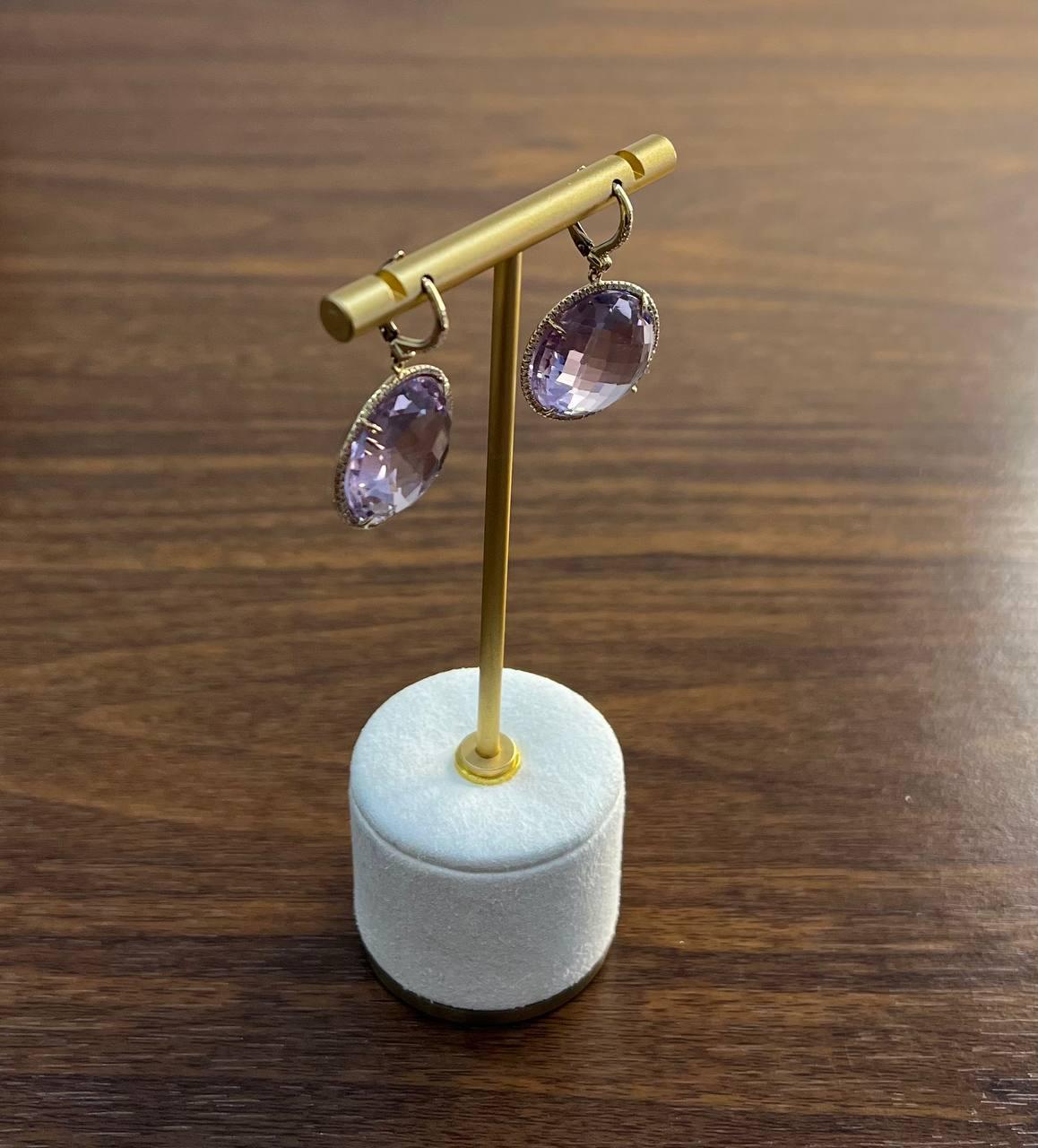 Violet Pink Amethyst Diamonds Halo Set 14K Yellow Gold Drop Unique Earrings
