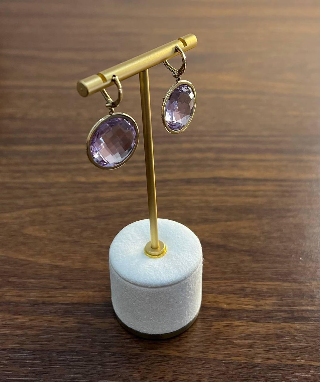 Violet Pink Amethyst Diamonds Halo Set 14K Yellow Gold Drop Unique Earrings