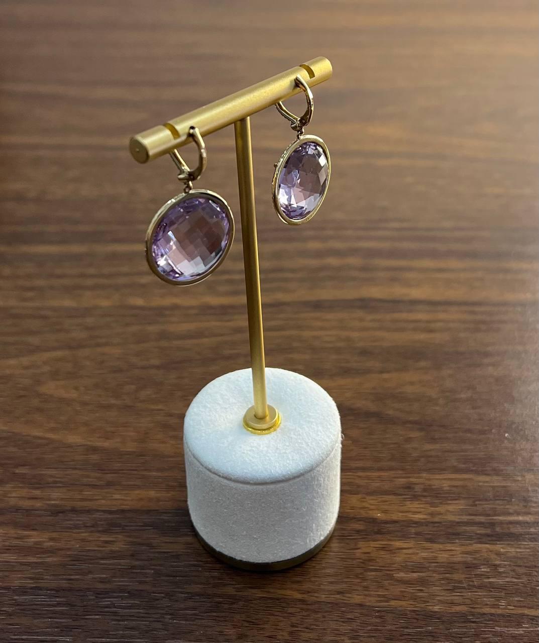 Violet Pink Amethyst Diamonds Halo Set 14K Yellow Gold Drop Unique Earrings