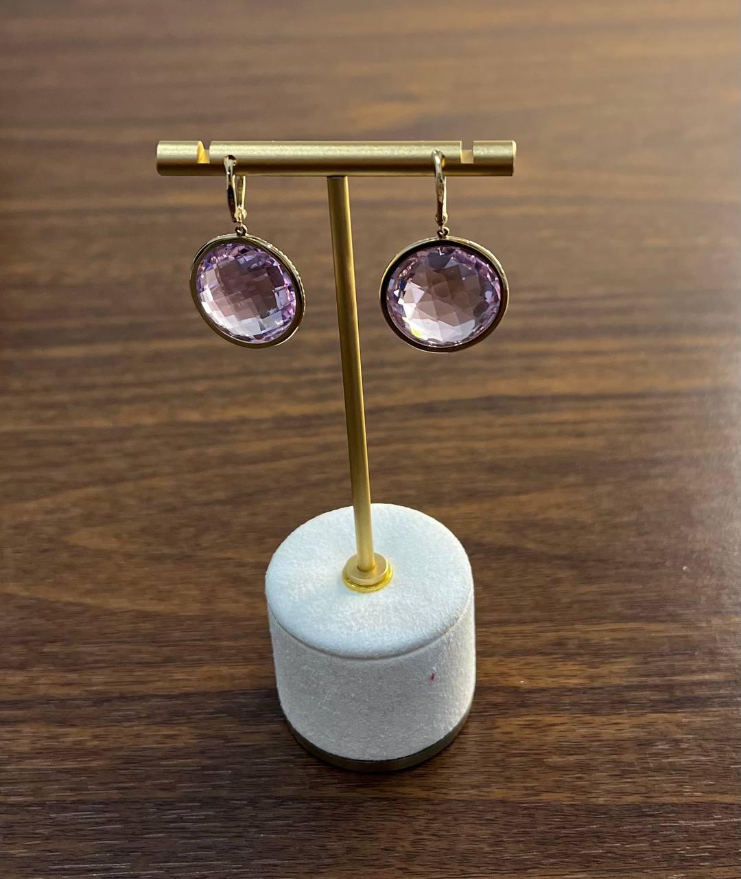 Violet Pink Amethyst Diamonds Halo Set 14K Yellow Gold Drop Unique Earrings
