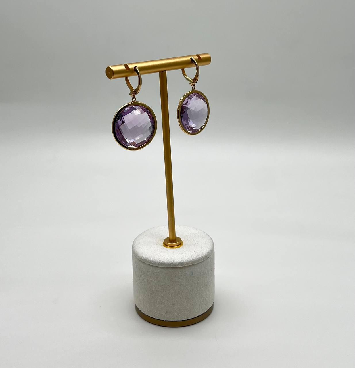 Violet Pink Amethyst Diamonds Halo Set 14K Yellow Gold Drop Unique Earrings