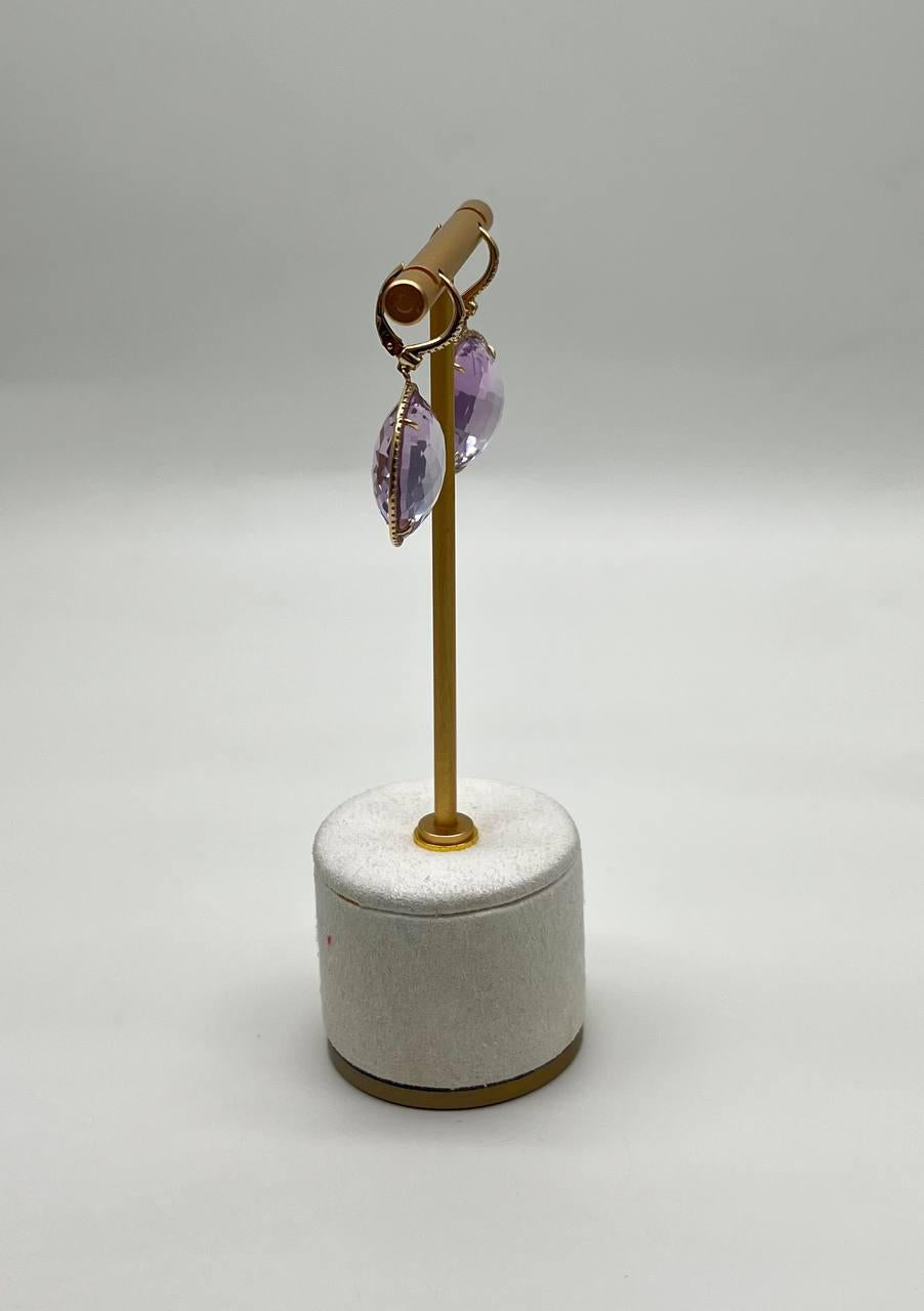 Violet Pink Amethyst Diamonds Halo Set 14K Yellow Gold Drop Unique Earrings