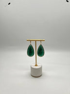 Pear Shape Green Aventurine Brown Diamond Halo 14K Yellow Gold Dangle Earrings
