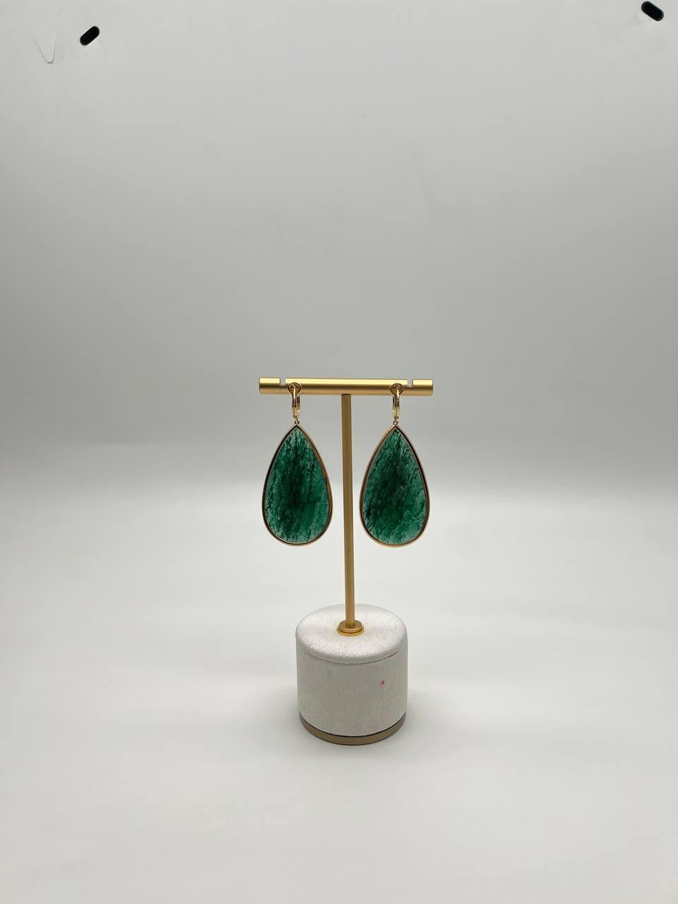 Pear Shape Green Aventurine Brown Diamond Halo 14K Yellow Gold Dangle Earrings