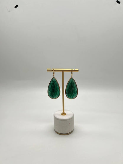 Pear Shape Green Aventurine Brown Diamond Halo 14K Yellow Gold Dangle Earrings