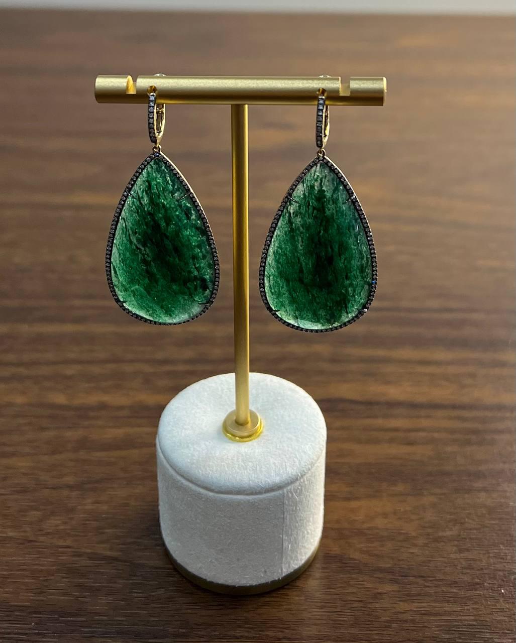 Pear Shape Green Aventurine Brown Diamond Halo 14K Yellow Gold Dangle Earrings
