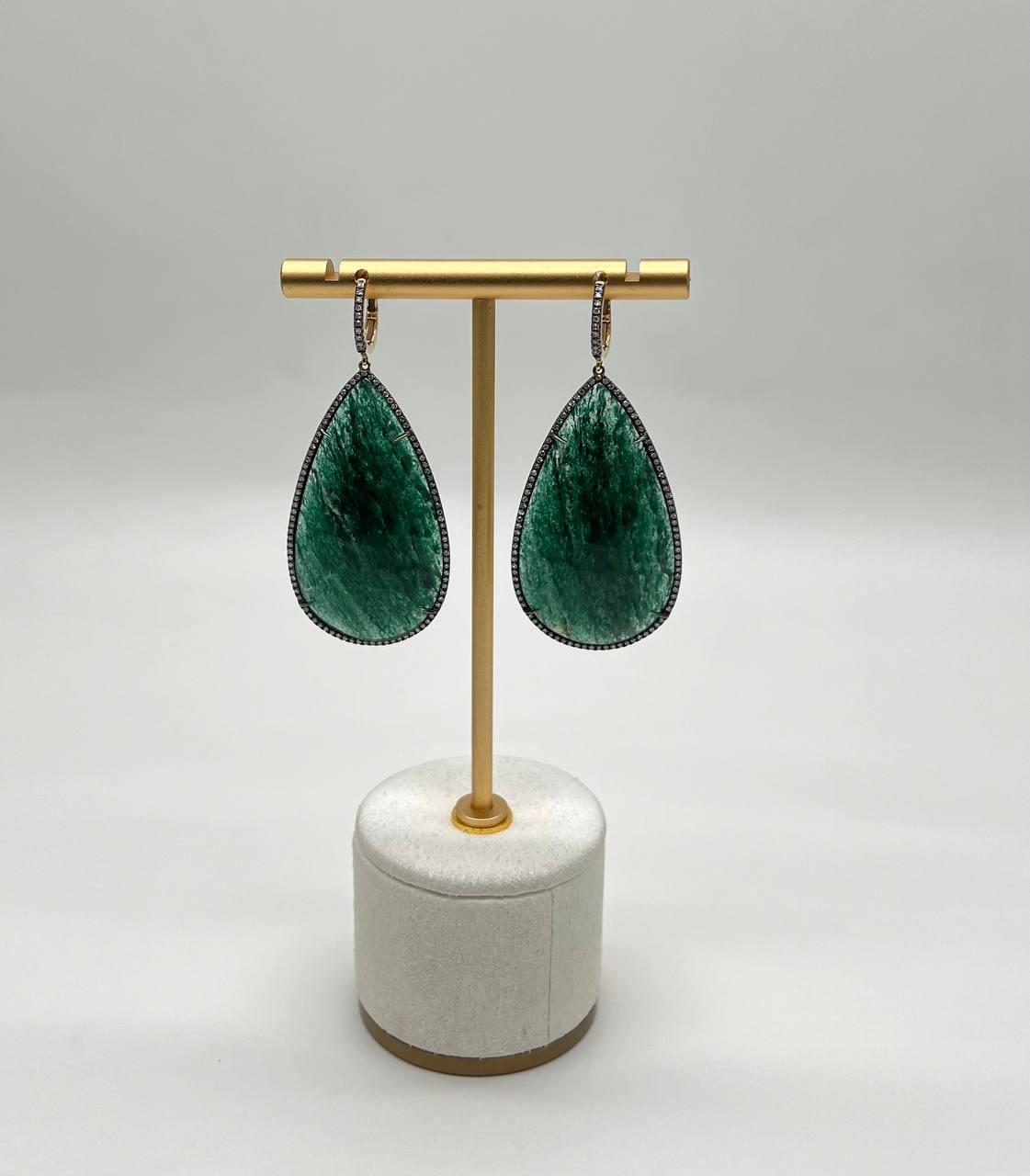 Pear Shape Green Aventurine Brown Diamond Halo 14K Yellow Gold Dangle Earrings