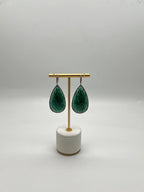 Pear Shape Green Aventurine Brown Diamond Halo 14K Yellow Gold Dangle Earrings