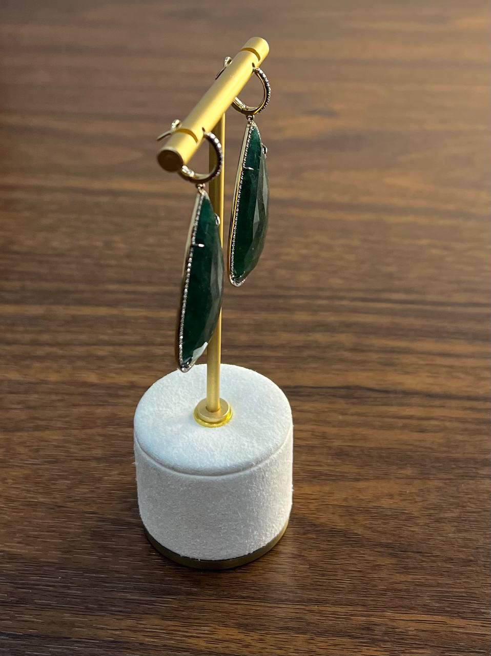 Pear Shape Green Aventurine Brown Diamond Halo 14K Yellow Gold Dangle Earrings
