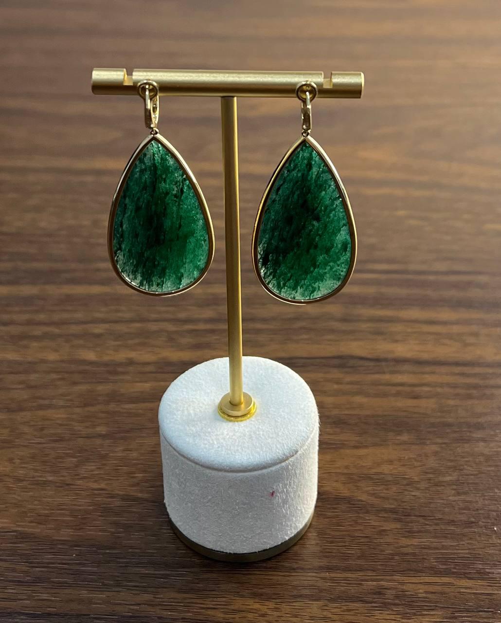 Pear Shape Green Aventurine Brown Diamond Halo 14K Yellow Gold Dangle Earrings