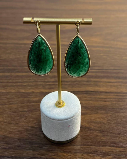 Pear Shape Green Aventurine Brown Diamond Halo 14K Yellow Gold Dangle Earrings