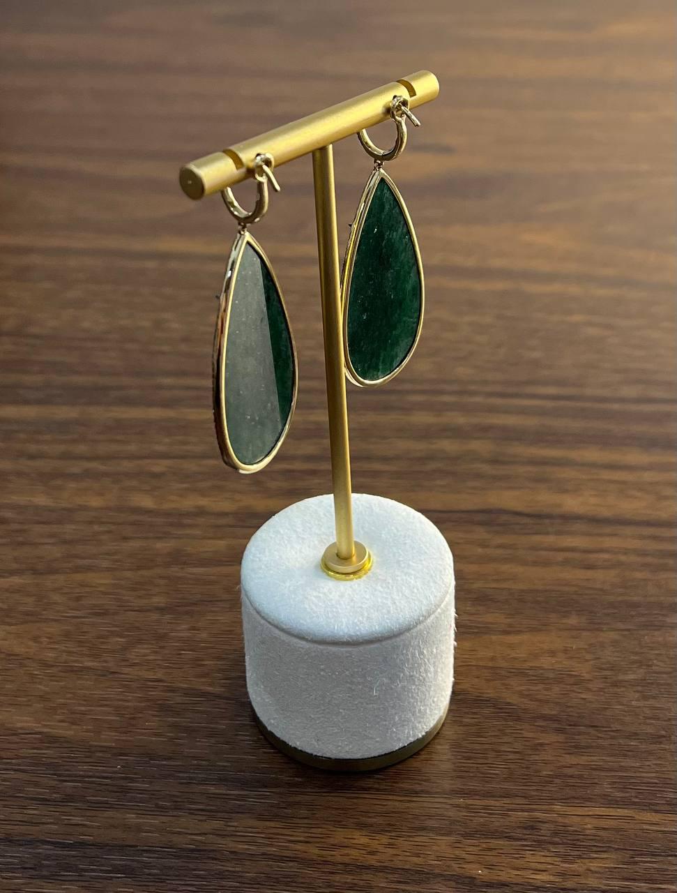 Pear Shape Green Aventurine Brown Diamond Halo 14K Yellow Gold Dangle Earrings