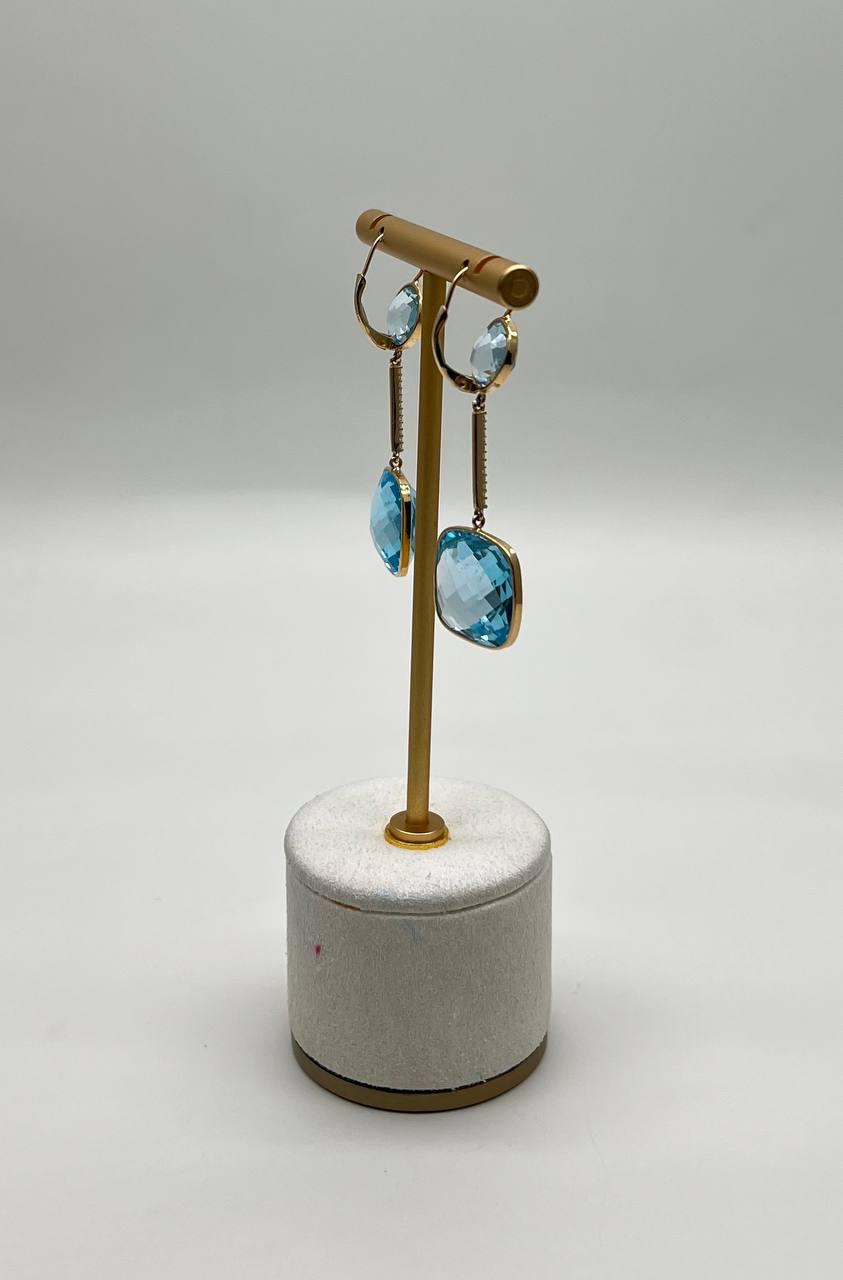 Round Cushion Shape Blue Topaz Diamonds Drop 14K Gold Statement Earrings