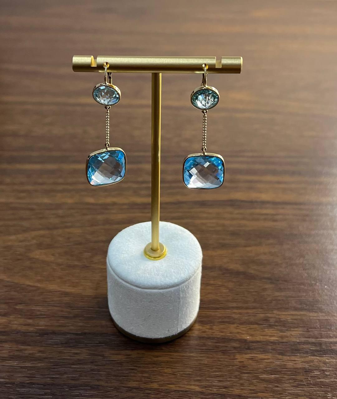Round Cushion Shape Blue Topaz Diamonds Drop 14K Gold Statement Earrings